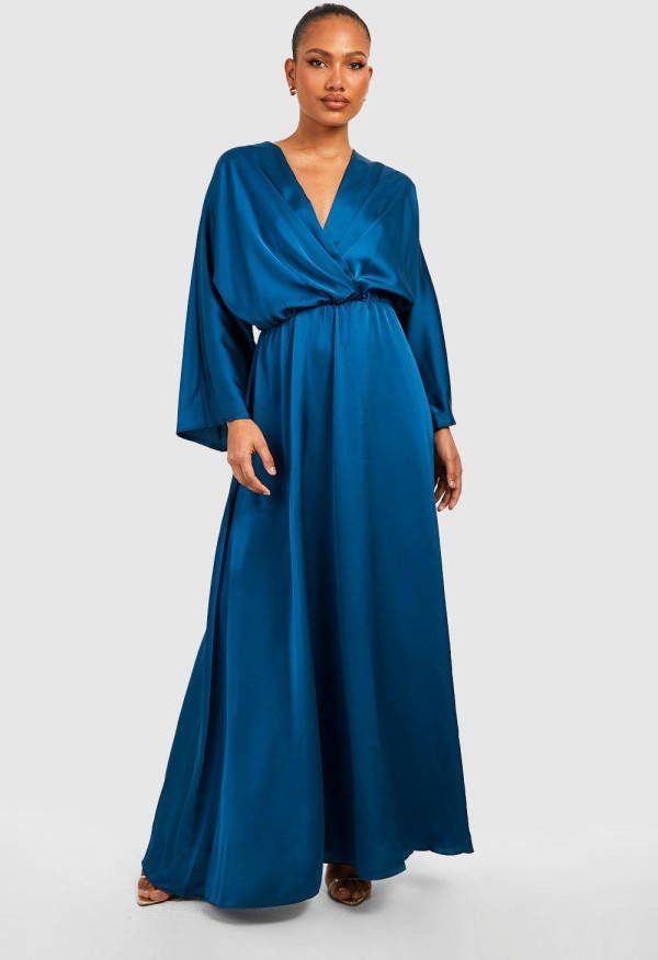 boohoo Satijnen Maxi Jurk Met Vleermuismouwen, Teal