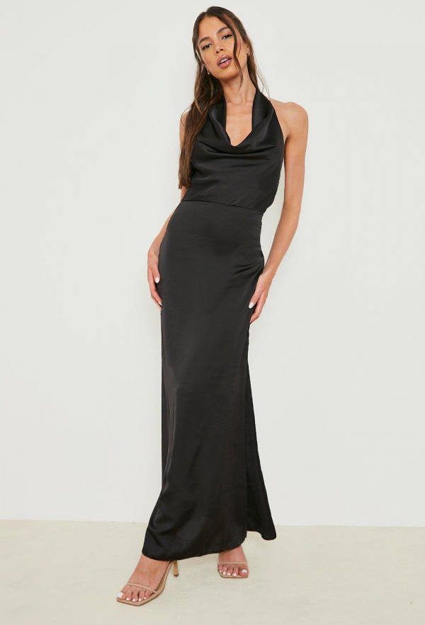 boohoo Satijnen Maxi Jurk Met Waterval Hals, Black