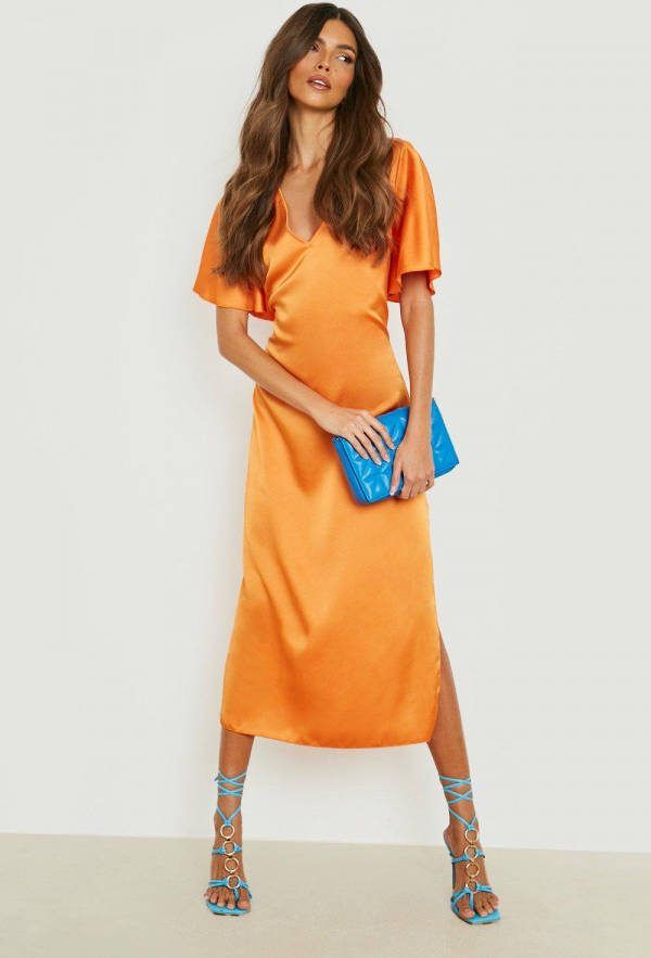 boohoo Satijnen Midaxi Jurk Met Engelenmouwen, Orange