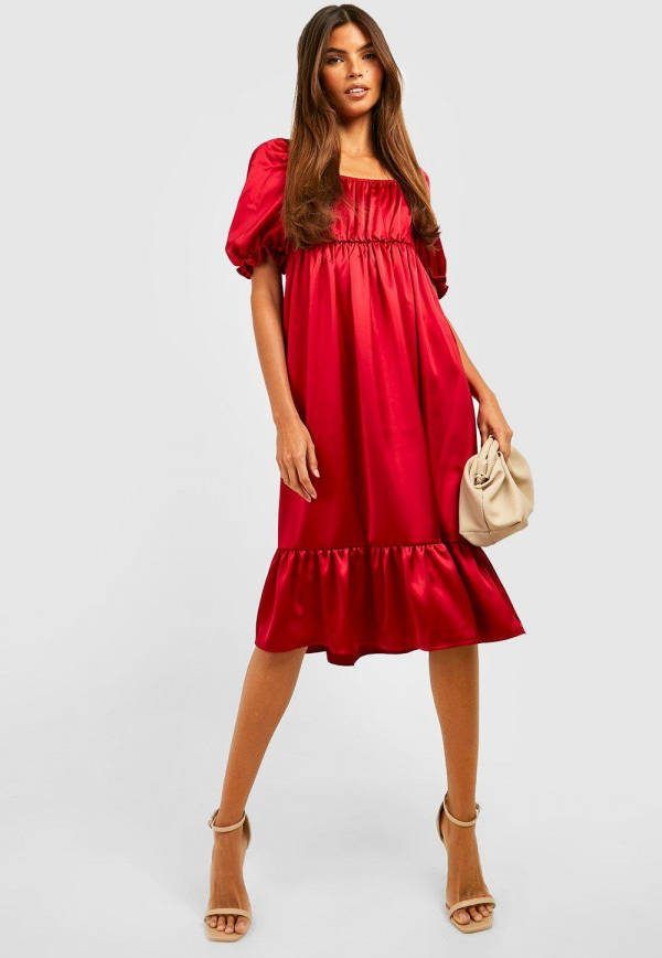 boohoo Satijnen Midi Jurk Met Pofmouwen En Geplooide Zoom, Berry