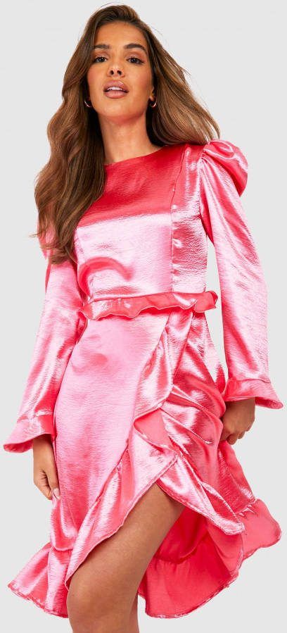 boohoo Satijnen Midi Jurk Met Ruches, Pink