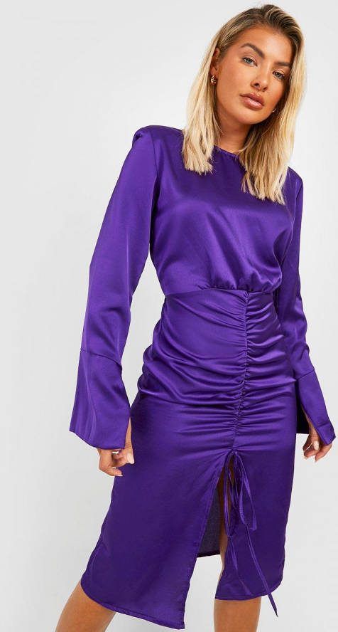 boohoo Satijnen Midi Jurk Met Schouderpads En Ruches, Jewel Purple
