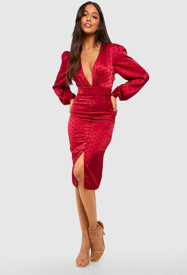 boohoo Satijnen Midi Jurk Met Stippen En Laag Decolleté,, Berry