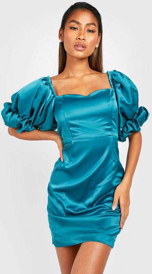 boohoo Satijnen Mini Jurk Met Pofmouwen, Teal