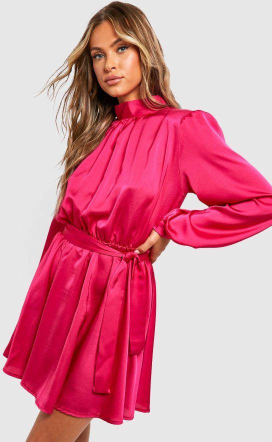 boohoo Satijnen Skater Jurk Met Hoge Hals, Hot Pink