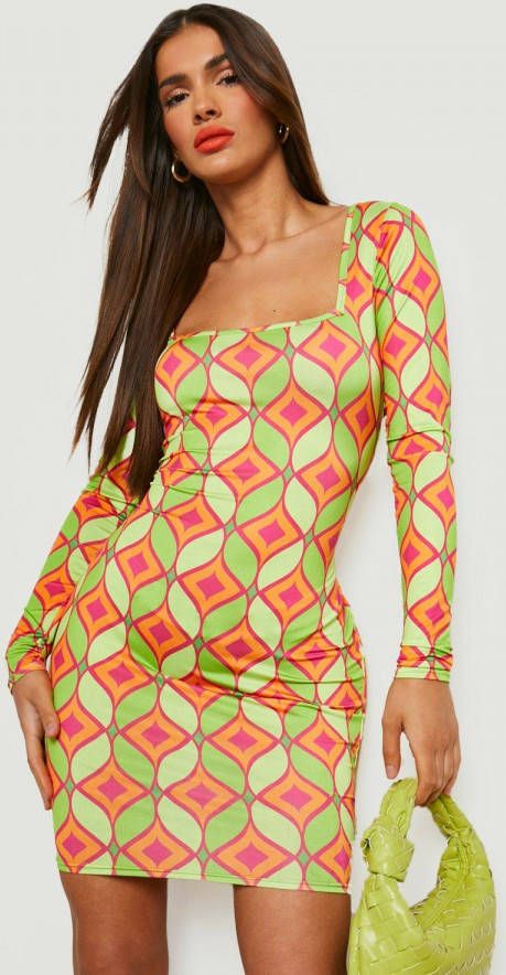 boohoo Strakke Geo Print Mini Jurk Met Vierkante Hals, Multi