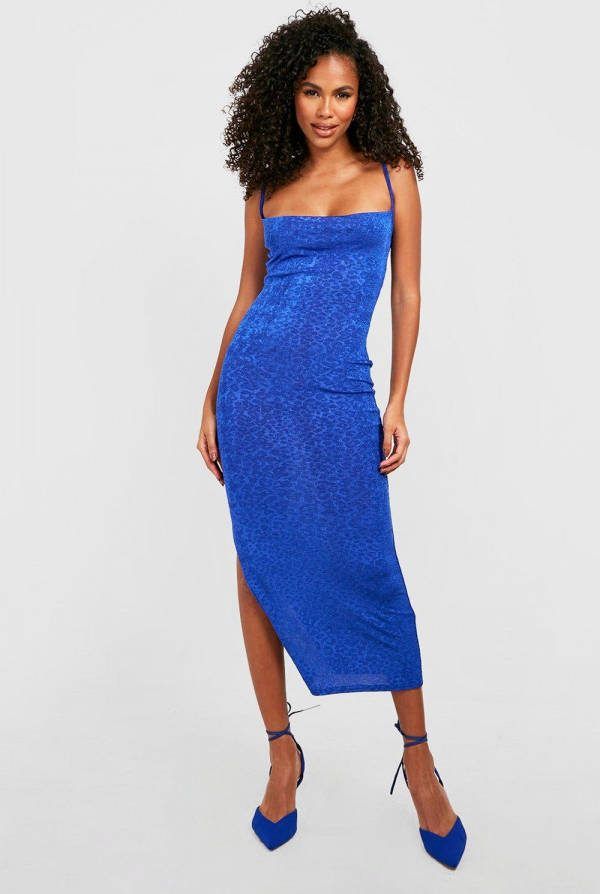 boohoo Strakke Jacquard Midi Jurk Met Waterval Hals, Blue