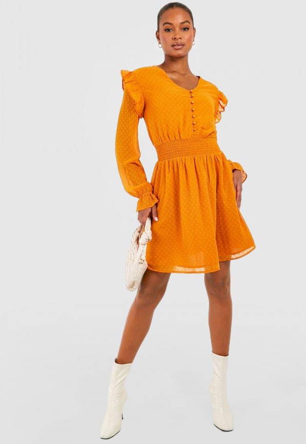 boohoo Tall Dobby Skater Jurk Met Ruches, Mustard