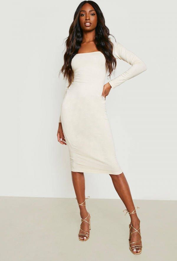 boohoo Tall Gerecyclede Basic Midi Jurk Met Vierkante Hals, Stone