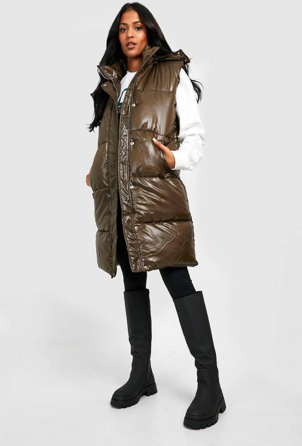 boohoo Tall Gewatteerde Glanzende Bodywarmer Met Capuchon, Khaki