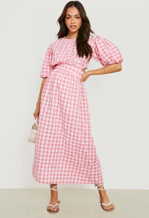 boohoo Tall Gingham Maxi Jurk Met Open Rug En Pofmouwen, Pink