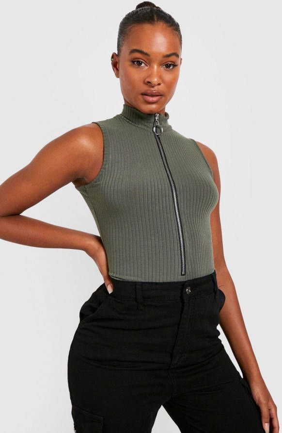 boohoo Tall Mouwloze Gebreide Geribbelde One Piece Met Rits, Khaki