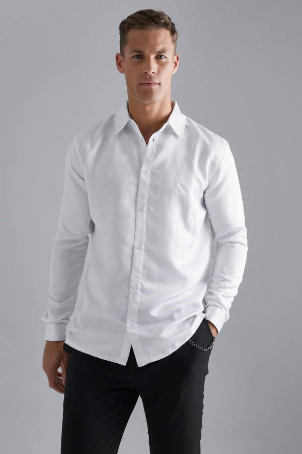 boohoo Tall Satijnen Overhemd Met Lange Mouwen, White
