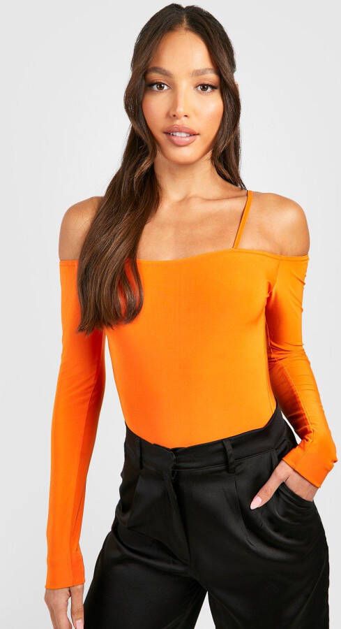 boohoo Tall Strakke Off Shoulder One Piece Met Open Schouders, Orange