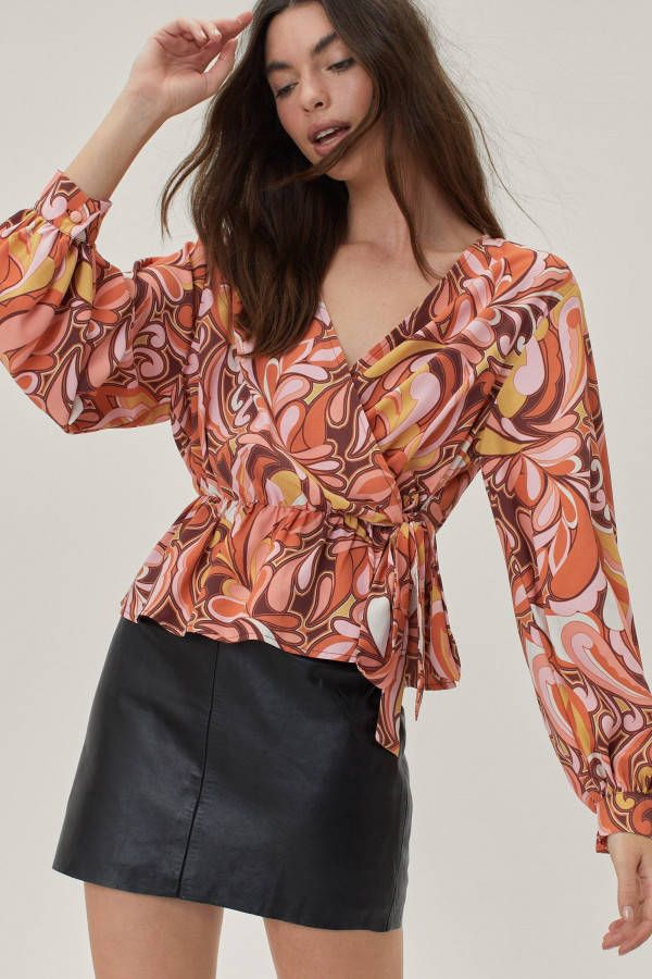 boohoo Wikkeltop Met Abstracte Print En Lange Mouwen, Multi