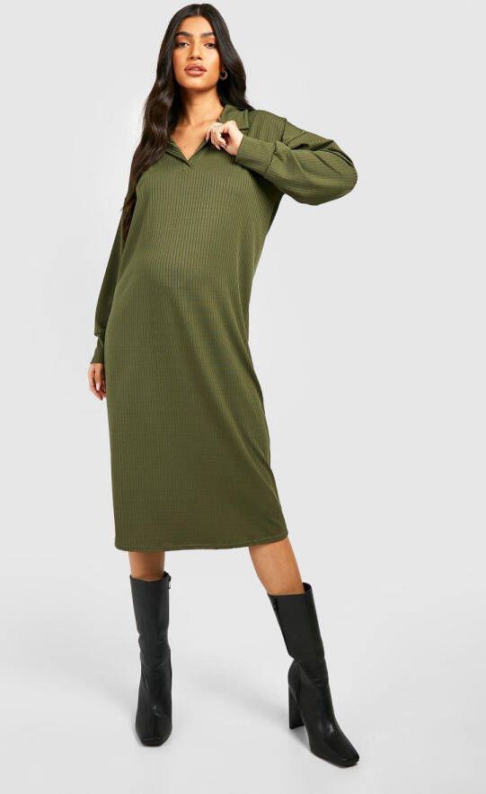 boohoo Zachte Geribbelde Zwangerschap Midi Trui Jurk Met Polo Kraag, Khaki