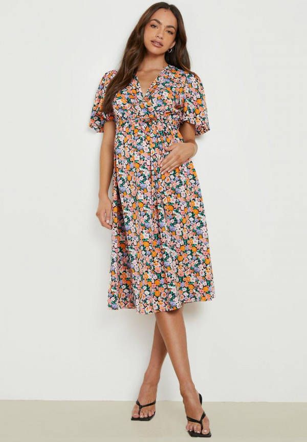 boohoo Zwangerschap Bloemen Midi Wikkel Jurk Met Ceintuur, Black
