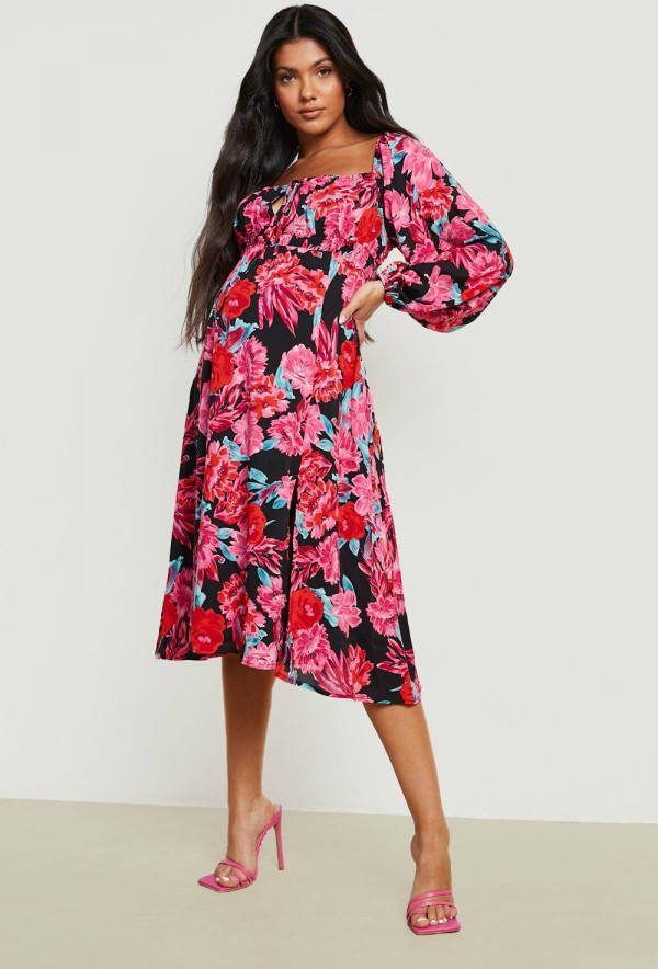 boohoo Zwangerschap Bloemen Skater Jurk Met Vierkante Hals, Black