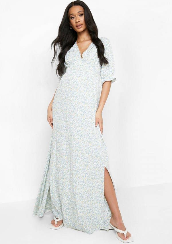 boohoo Zwangerschap Bloemenprint Maxi Jurk Met Pofmouwen, Blue