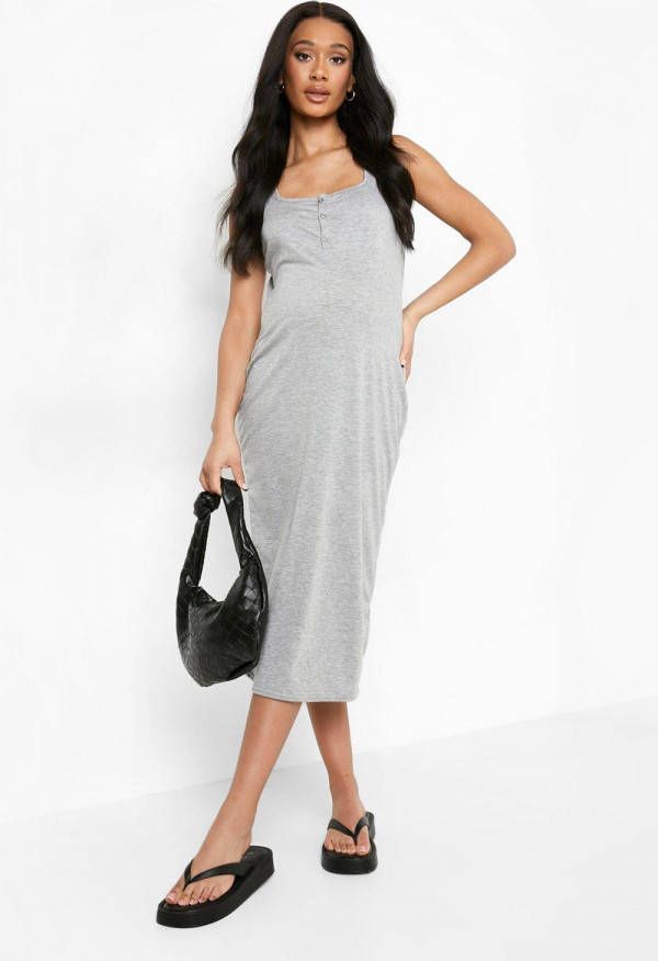 boohoo Zwangerschap Bodycon Midi Jurk Met Knopen, Grey Marl