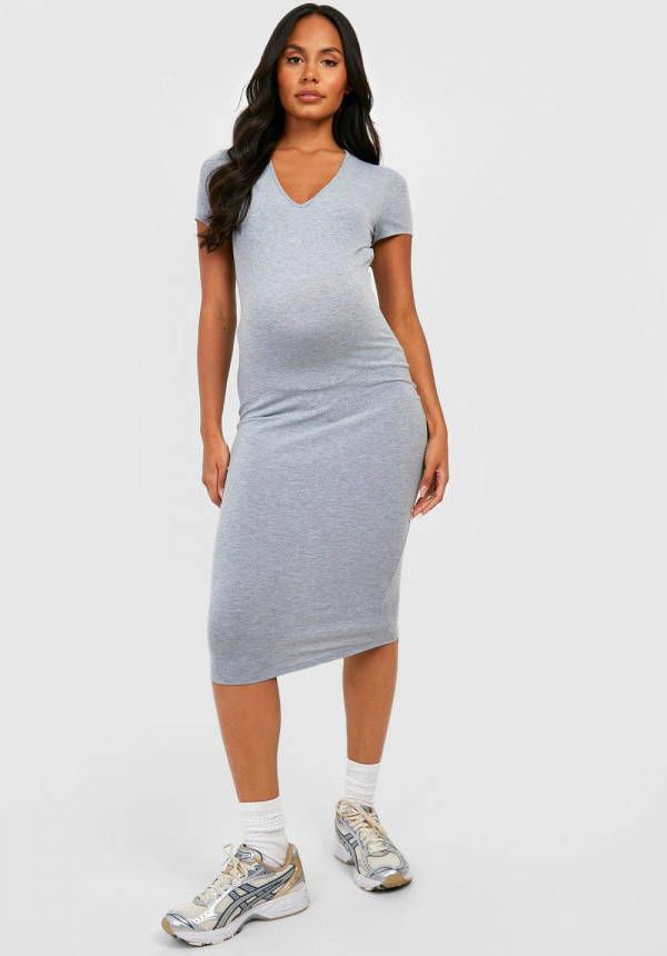 boohoo Zwangerschap Bodycon Midi Jurk Met V Hals, Grey Marl
