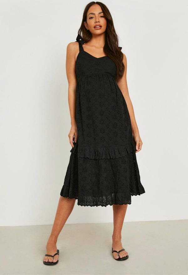 boohoo Zwangerschap Broderie Midi Jurk Met Ceintuur En Franjes, Black