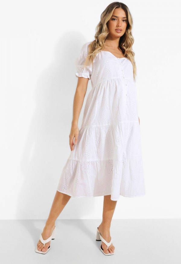 boohoo Zwangerschap Broderie Midi Jurk Met Knopen, White