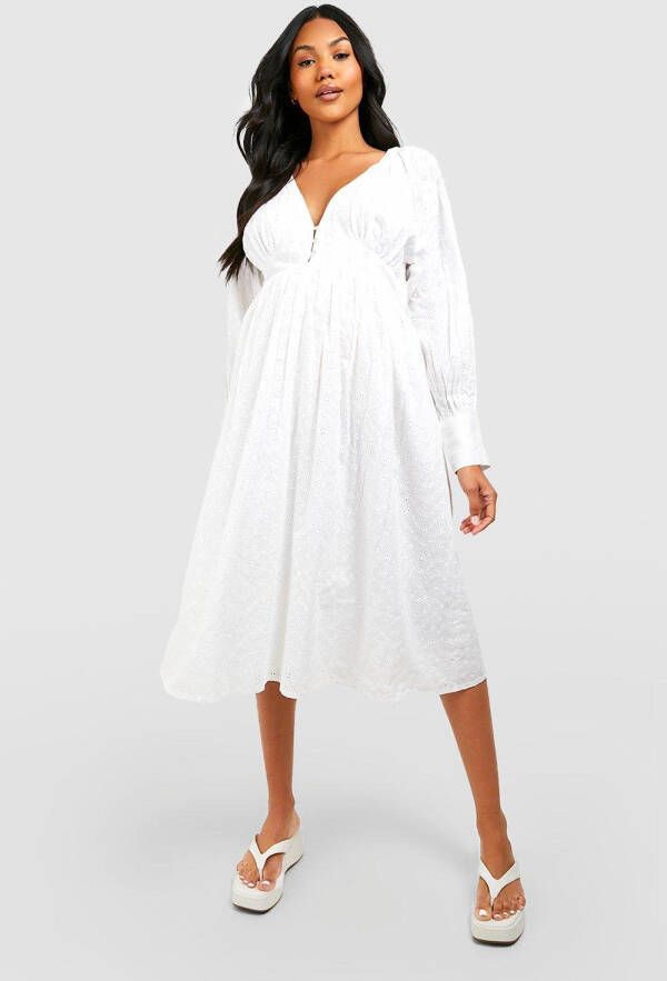 boohoo Zwangerschap Broderie Midi Jurk Met Knopen, White