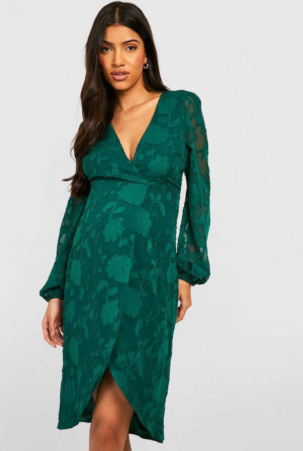 boohoo Zwangerschap Burnout Bloemen Midi Wikkel Jurk, Dark Green