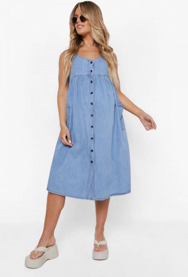 boohoo Zwangerschap Chambray Midi Jurk Met Knopen, Light Blue