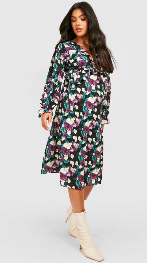 boohoo Zwangerschap Chiffon Bloemen Midi Jurk Met Ruches, Black