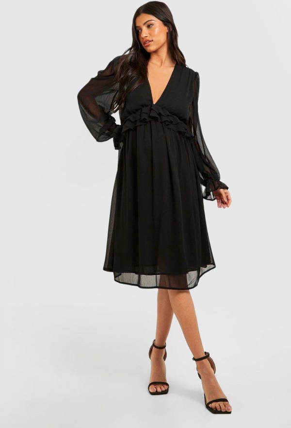 boohoo Zwangerschap Chiffon Midi Jurk Met Ruches, Black