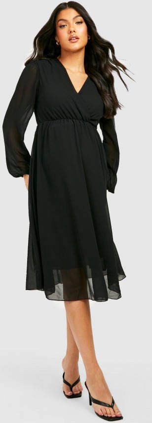 boohoo Zwangerschap Chiffon Midi Wikkel Jurk, Black