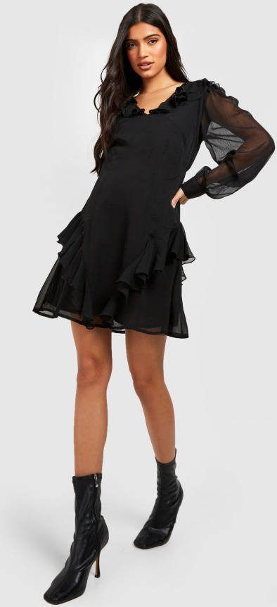 boohoo Zwangerschap Chiffon Mini Jurk Met Ruches, Black