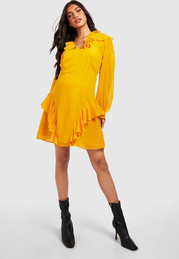 boohoo Zwangerschap Chiffon Mini Jurk Met Ruches, Mustard