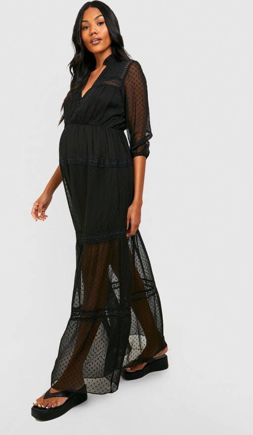 boohoo Zwangerschap Dobby Chiffon Maxi Jurk Met Kanten Zoom, Black