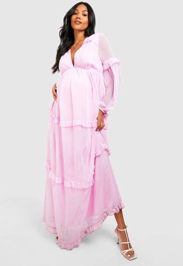 boohoo Zwangerschap Dobby Mesh Maxi Jurk Met Ruches, Lavender