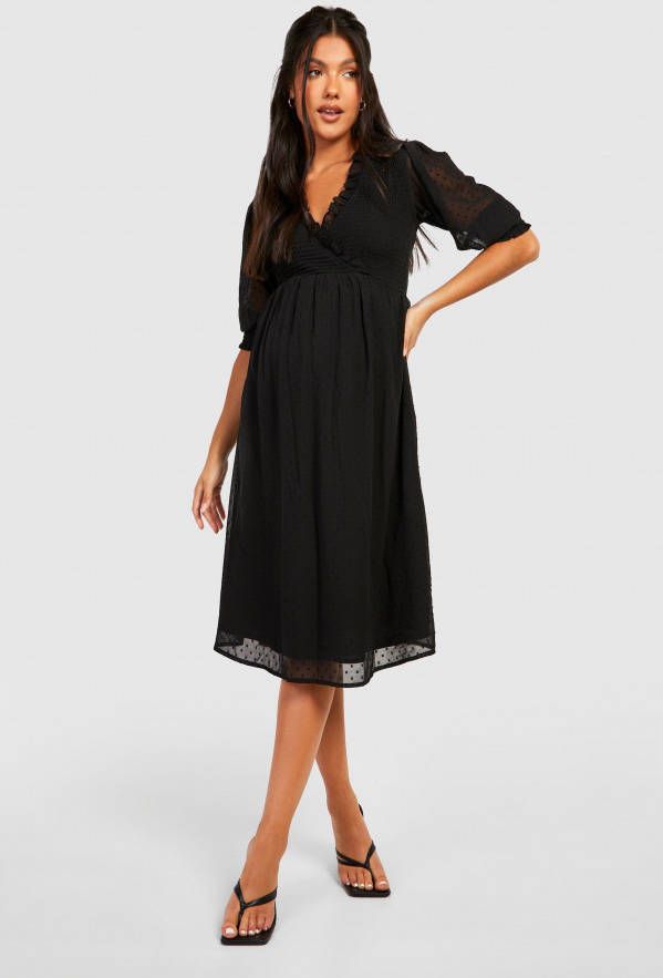 boohoo Zwangerschap Dobby Mesh Midi Wikkel Jurk, Black