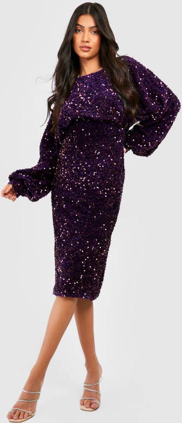 boohoo Zwangerschap Fluwelen Glitter Midi Jurk Met Pailletten En Shirtmouwen, Purple