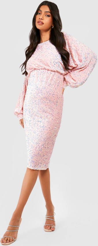 boohoo Zwangerschap Fluwelen Glitter Midi Jurk Met Pailletten En Shirtmouwen, Rose Gold