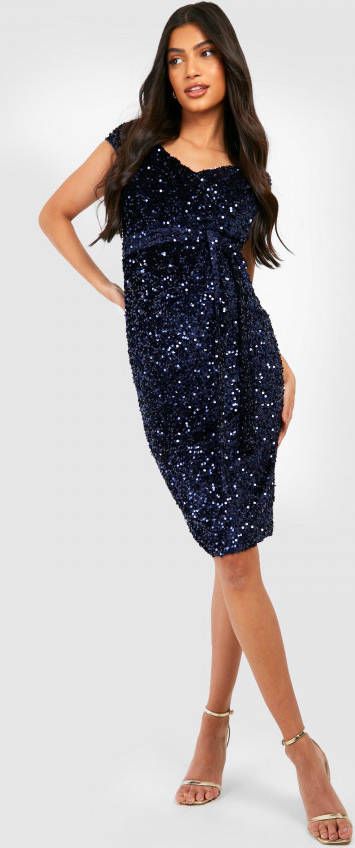 boohoo Zwangerschap Fluwelen Glitter Off Shoulder Midi Jurk Met Pailletten, Cobalt
