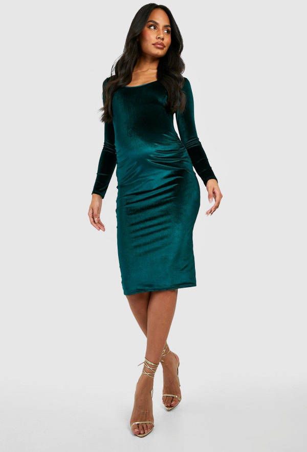 boohoo Zwangerschap Fluwelen Midi Jurk Met Lage Ronde Hals, Emerald