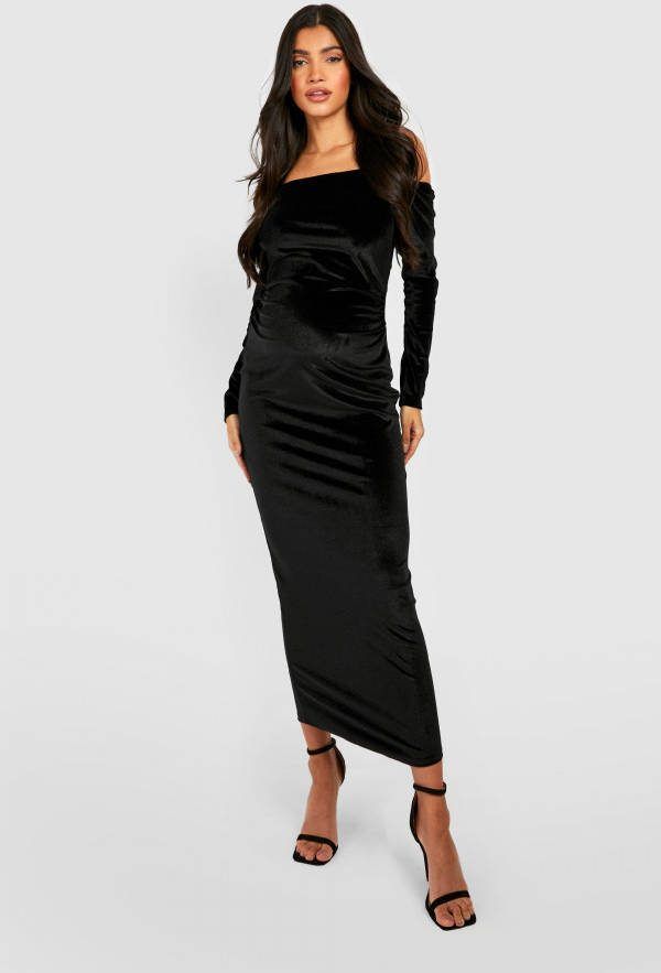 boohoo Zwangerschap Fluwelen Off Shoulder Midaxi Jurk, Black