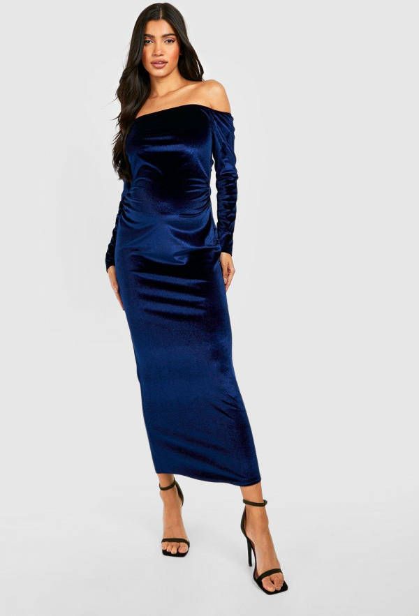 boohoo Zwangerschap Fluwelen Off Shoulder Midaxi Jurk, Blue