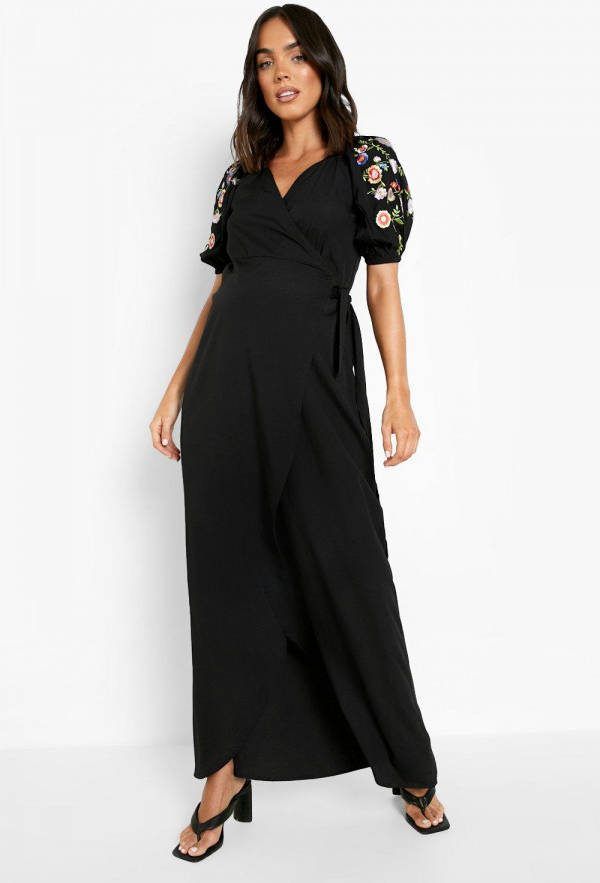 boohoo Zwangerschap Geborduurde Bloemen Maxi Wikkel Jurk, Black