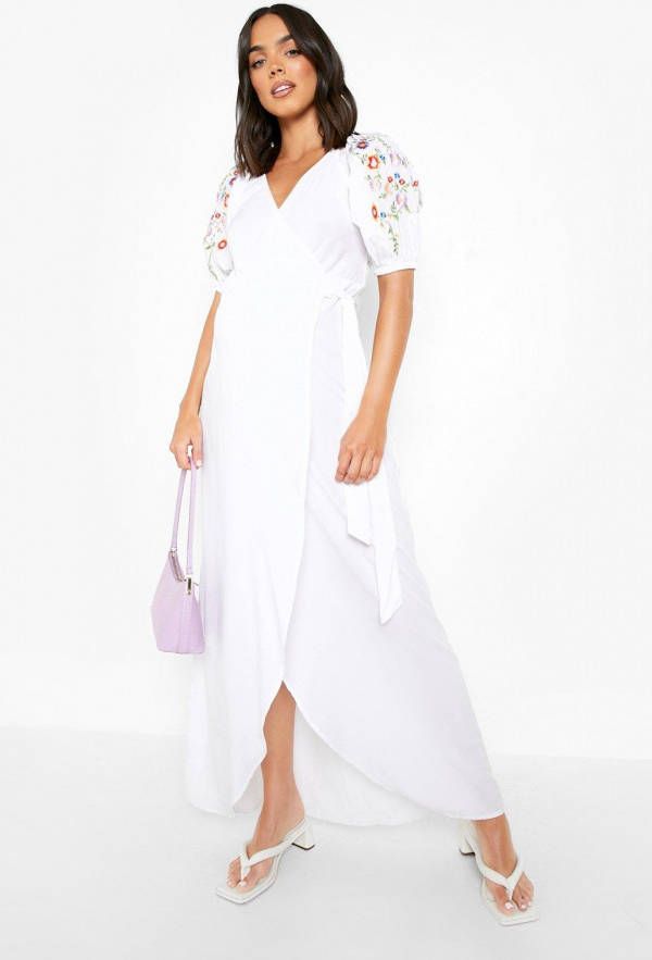boohoo Zwangerschap Geborduurde Bloemen Maxi Wikkel Jurk, White