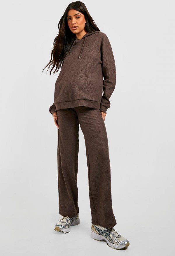boohoo Zwangerschap Geborstelde Zachte Geribbelde Loungewear Set Met Hoodie, Toffee