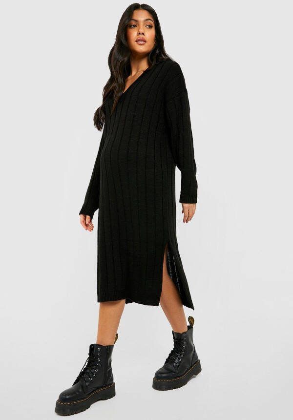 boohoo Zwangerschap Gebreide Baggy Midi Jurk Met V Hals, Black