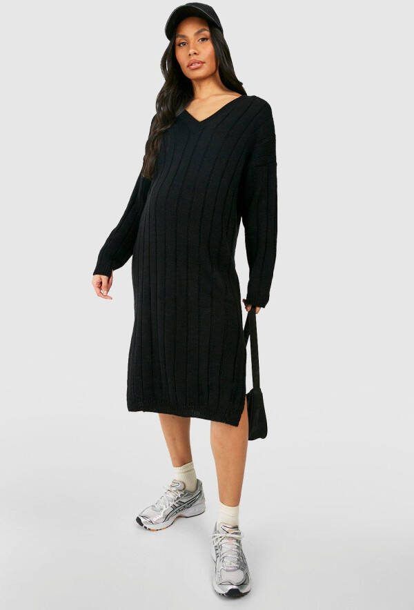 boohoo Zwangerschap Gebreide Baggy Midi Jurk Met V Hals, Black