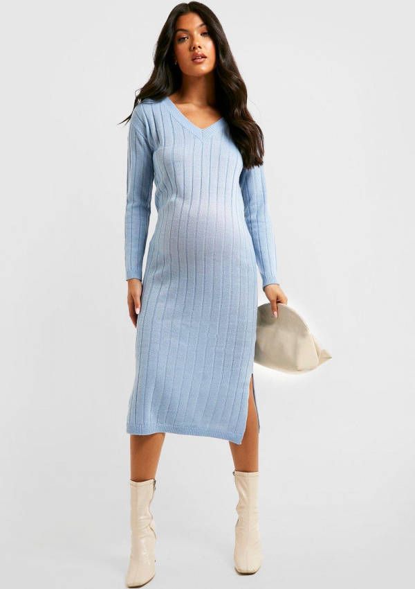 boohoo Zwangerschap Gebreide Baggy Midi Jurk Met V Hals, Blue